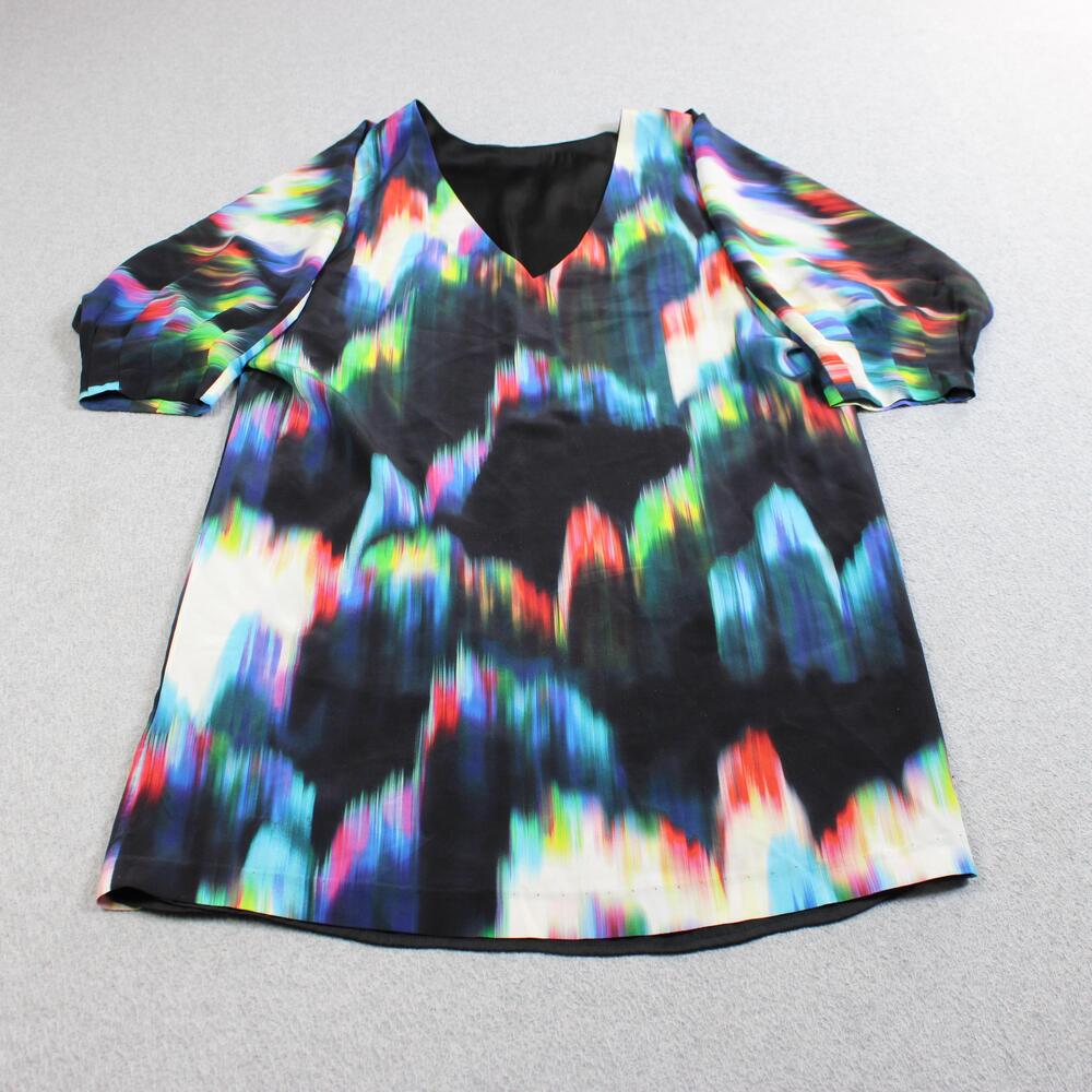 Trina Turk Silk Dress Women 14 Black Shift V Neck Short Colorful Lightweigh READ